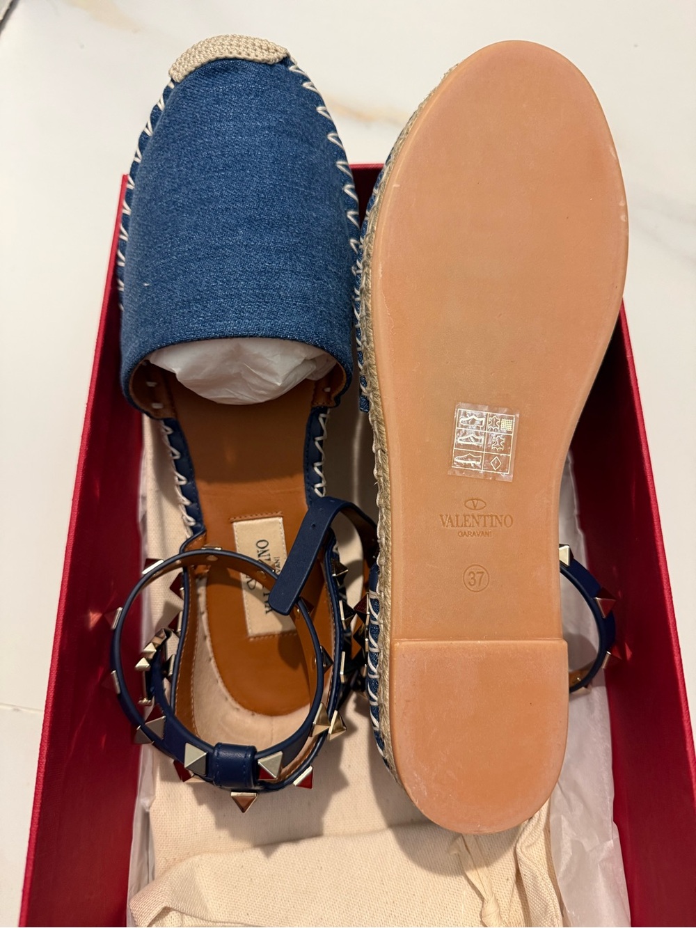 Valentino Denim Blue Rockstud Ankle-Strap Espadrilles